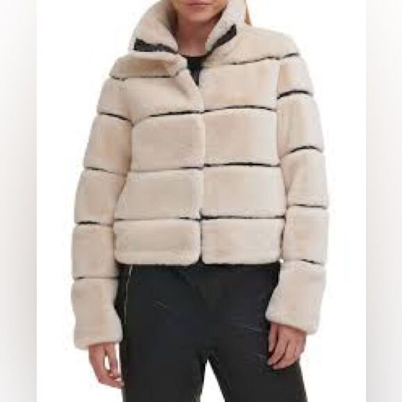 Karl Lagerfeld Paris Faux Fur Jacket in Oyster - Picture 1 of 10